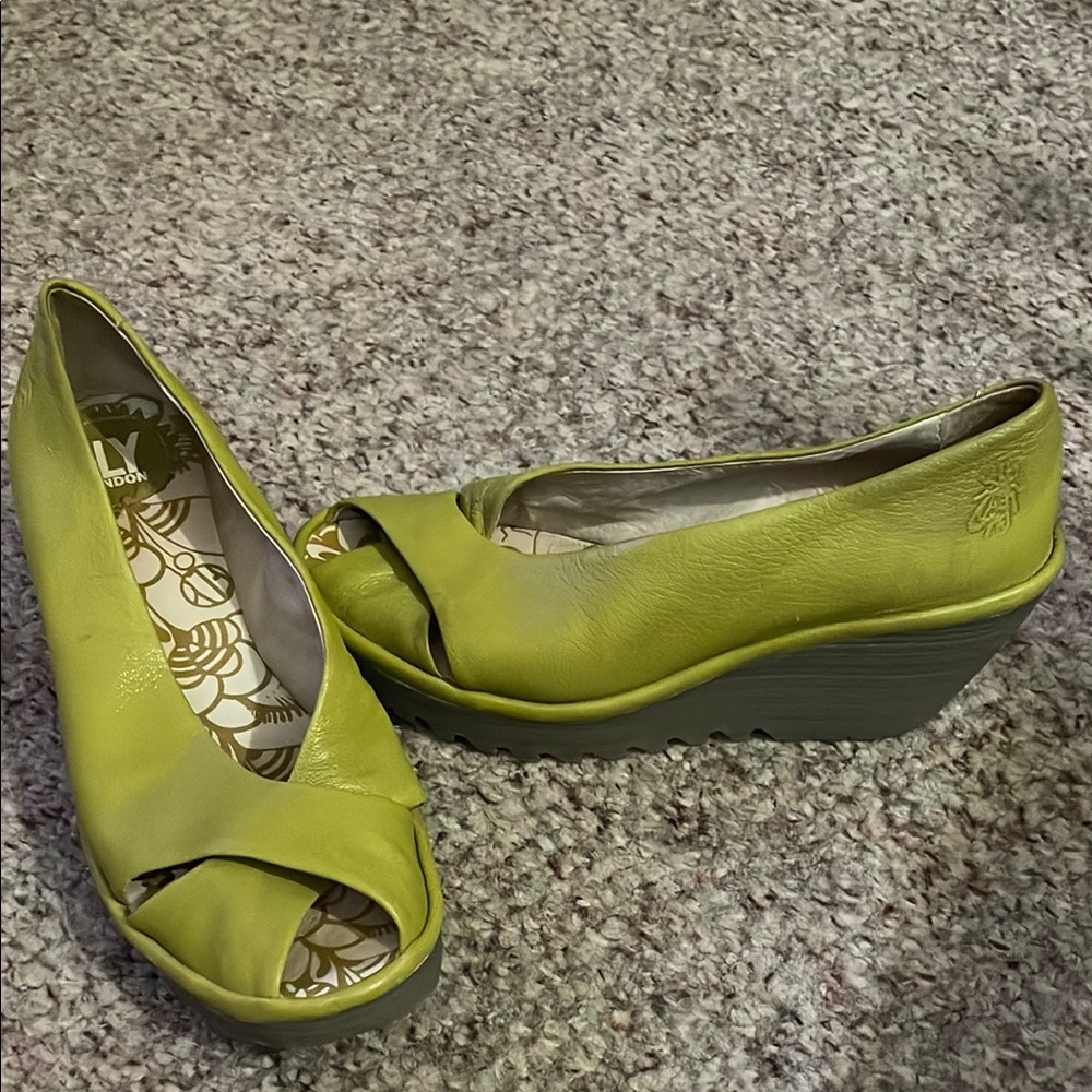 Fly London Green Wedge Shoes with Peep-Toe Design